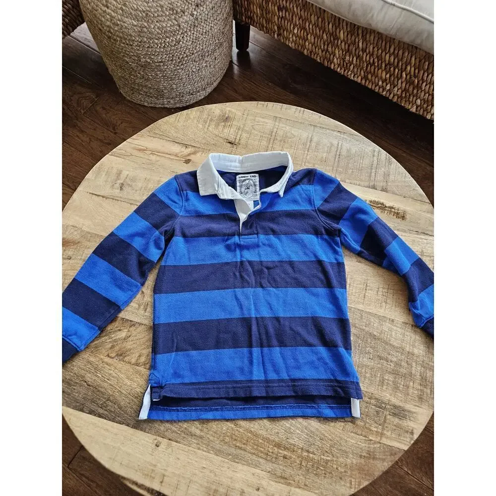 LANDS' END Boys Henley Blue Stripe Knit Size 5/6 Blue White Collar‎